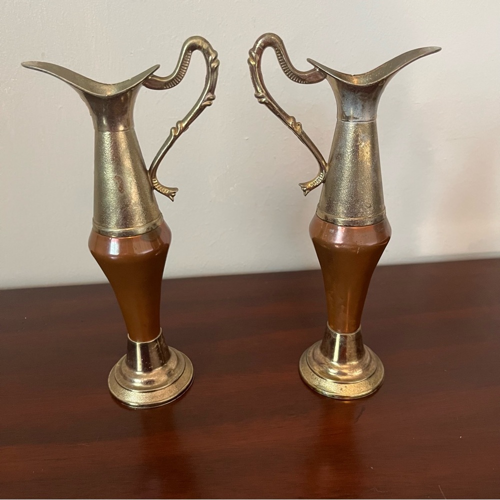 Gorgeous pair of Vintage Brass & Copper Bud Vase Ewers - Reg #883537 - England